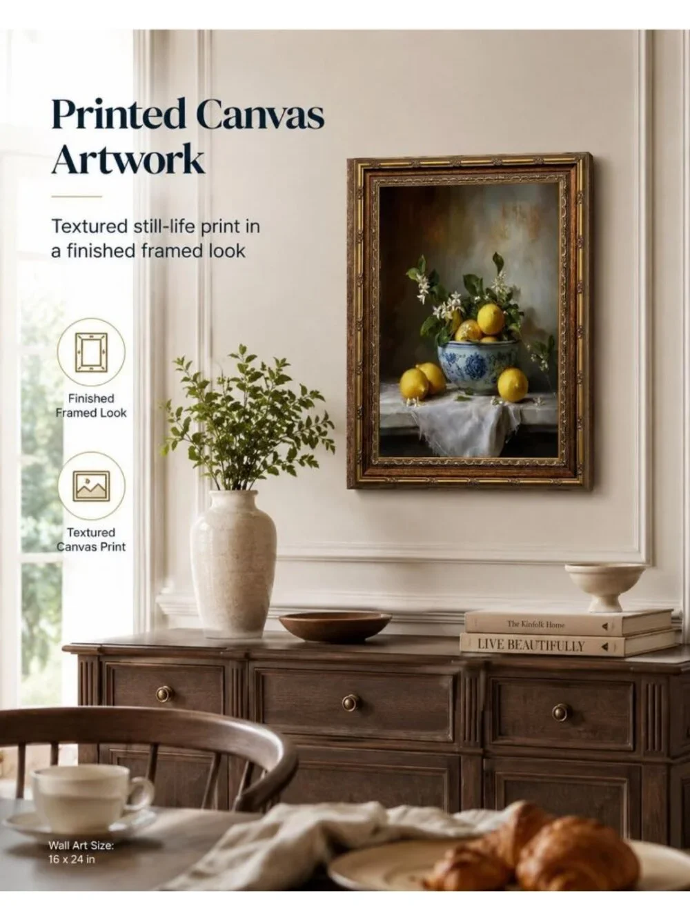 Lemon Still Life Wall Art - Gold Framed Kitchen Canvas Print 16x24, Home Decor